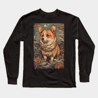 Corgi in the Waves: Traditional Japanese Ukiyo-e Painting Long Sleeve T-Shirt